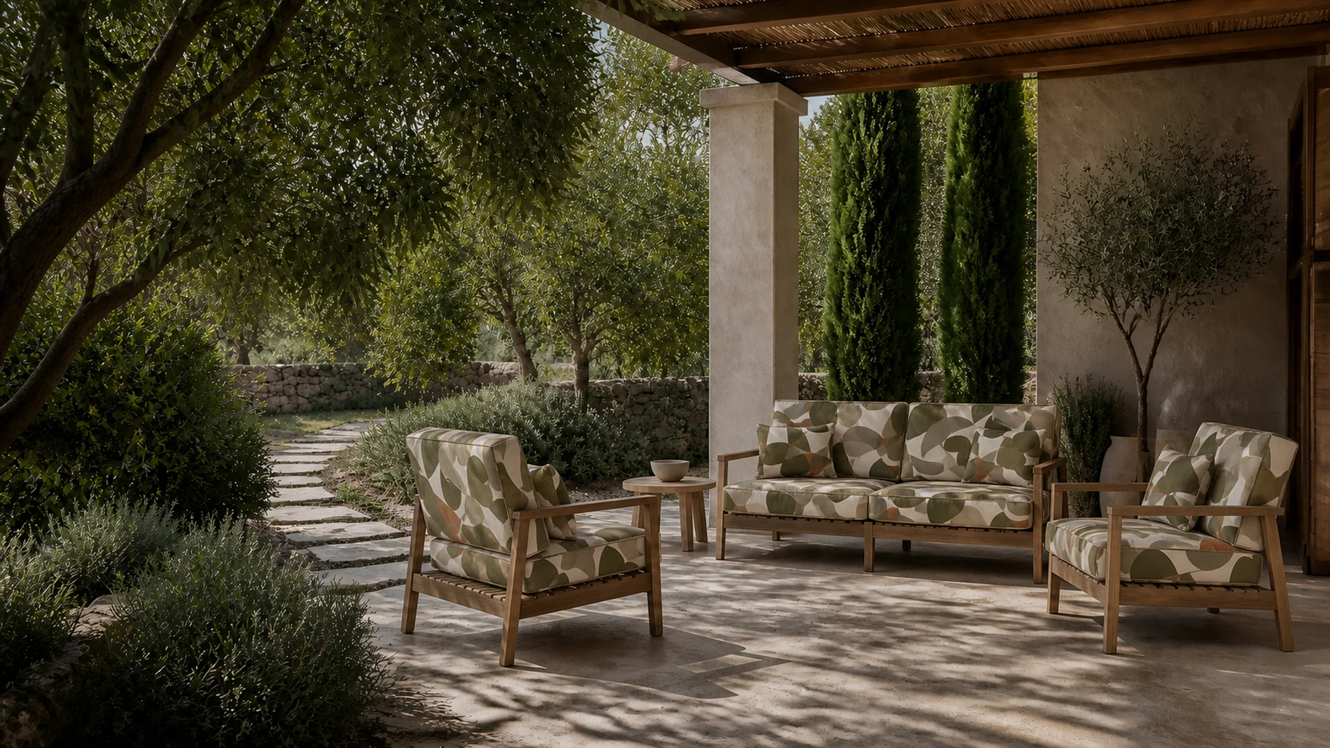 Editorial image: Garden shade with olive, bay, stone, sand, linen and timber surfaces.